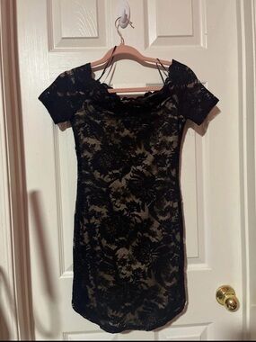 Off-Shoulder Black Lace Mini Dress with Nude Underlay